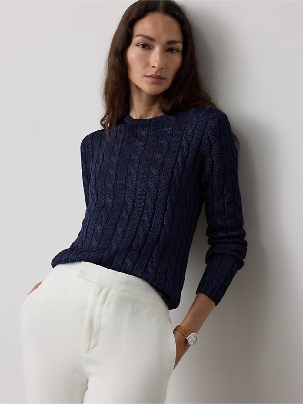 Navy Cable Knit Crewneck Sweater - Women